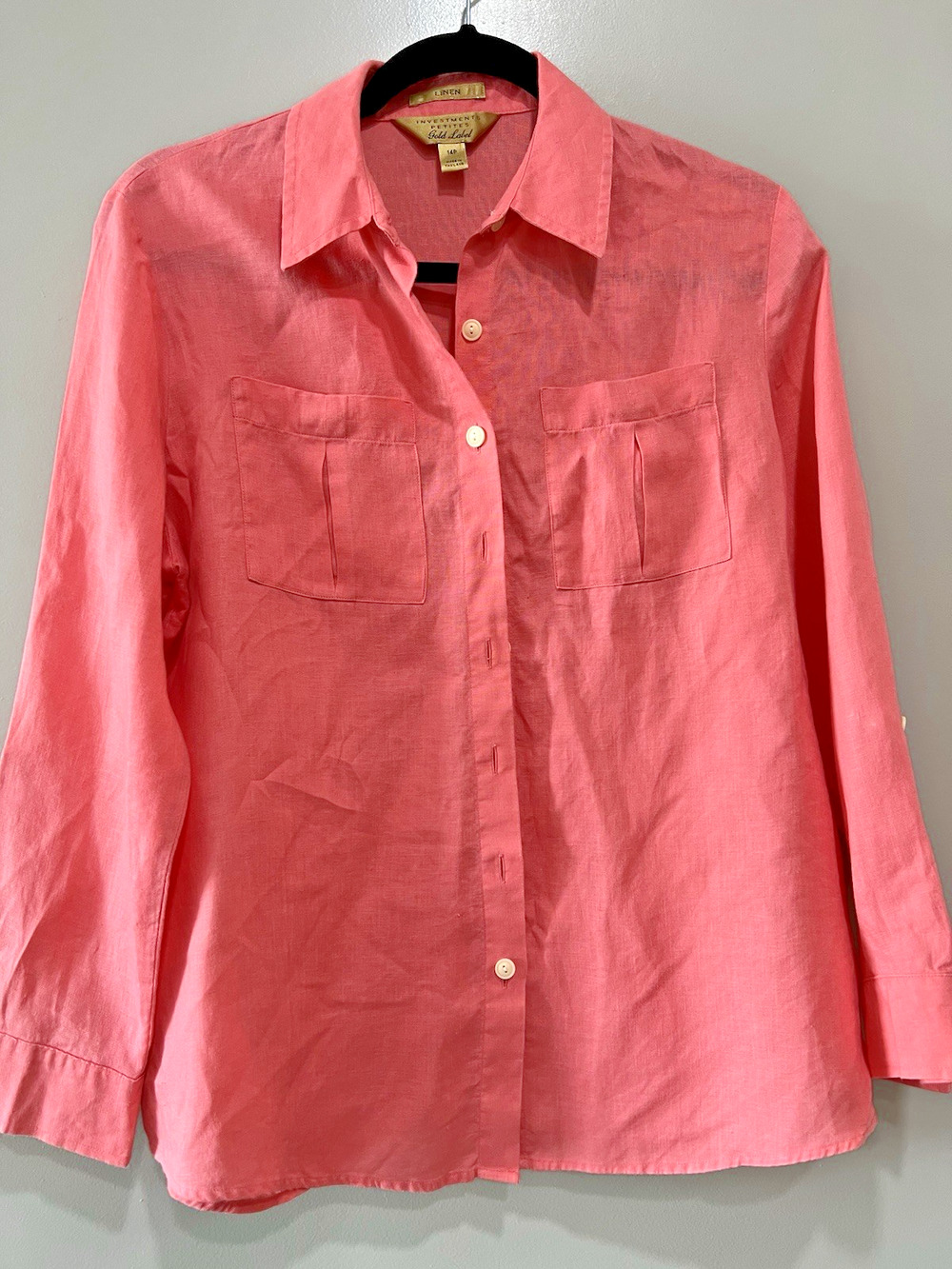 Womens Coral Pink Linen Button Up Long Sleeve Pockets Preppy, classic size-14p